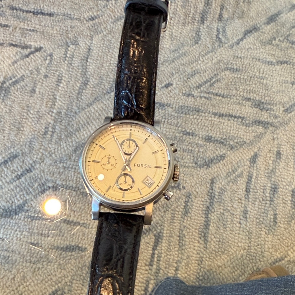 Fossil Silver Chronograph with Black Leather Strap